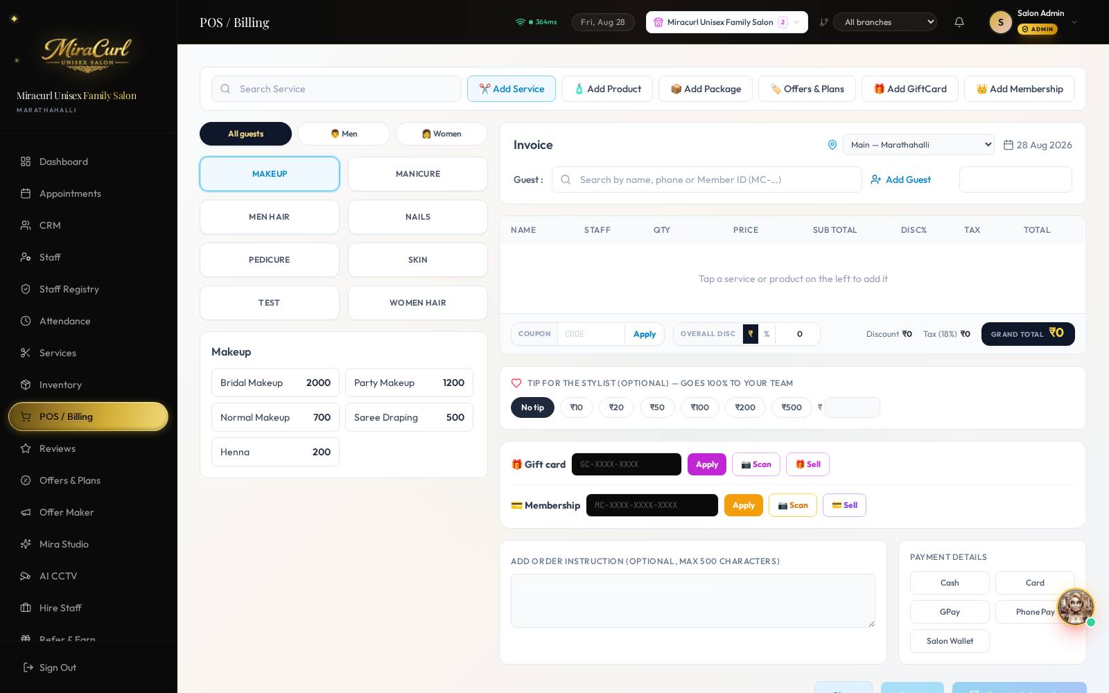POS & Billing — invoices, gift cards & memberships in seconds